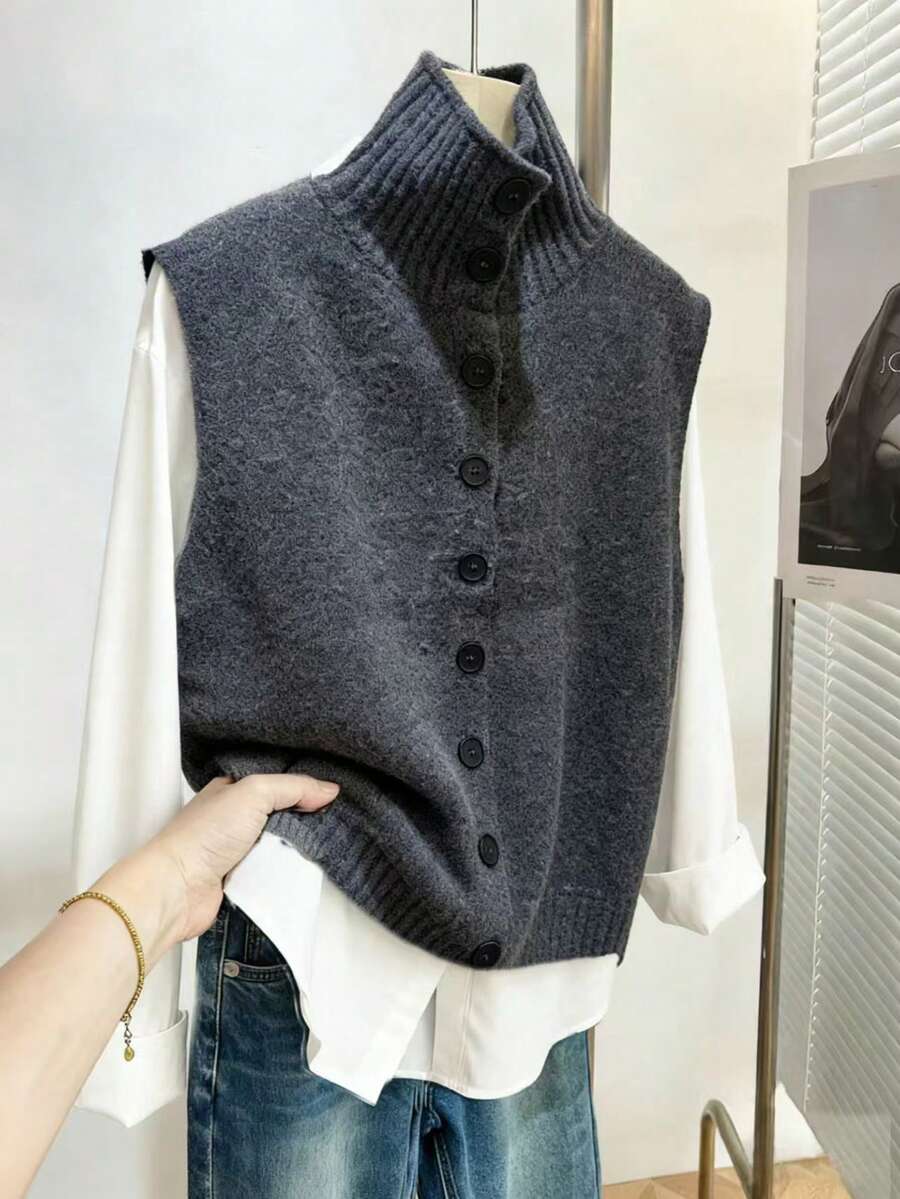 Franclia 早春女士柔软蓬松高领无袖宽松纯色短款优雅针织背心，简约设计，学院风，优雅休闲精致时尚开衫，纽扣细节，适合通勤、宴会、派对、休闲等场合。