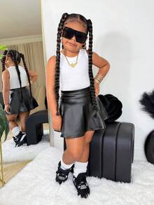 Black Faux Leather Mini Skirt With Shorts Lining And Pockets, PU Skirt, PU Skort - Black - View 4