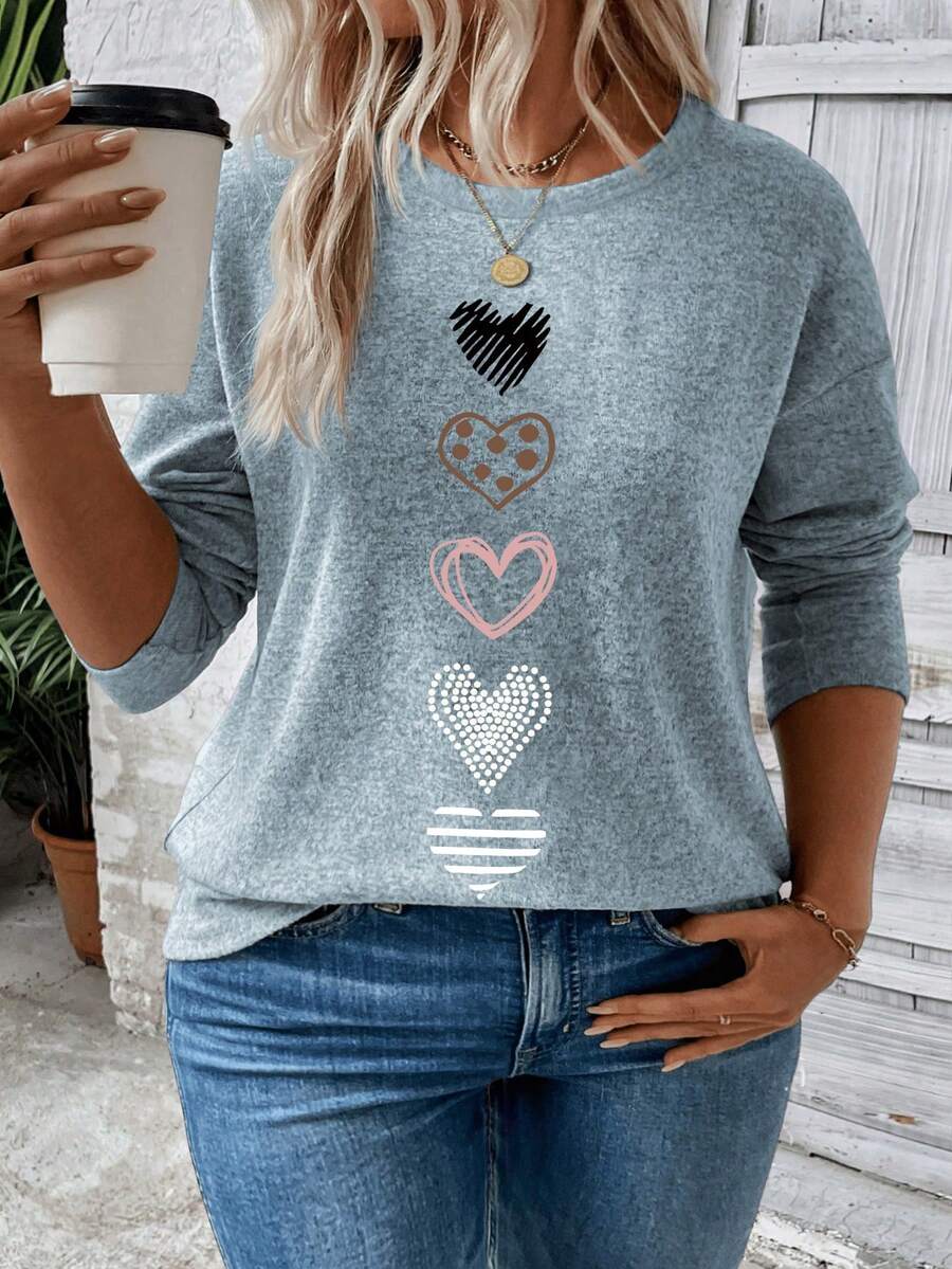 EMERY ROSE 新款休闲时尚浅蓝色长袖圆领爱心印花加大码T恤，秋冬款 - 藍色 - 查看 1