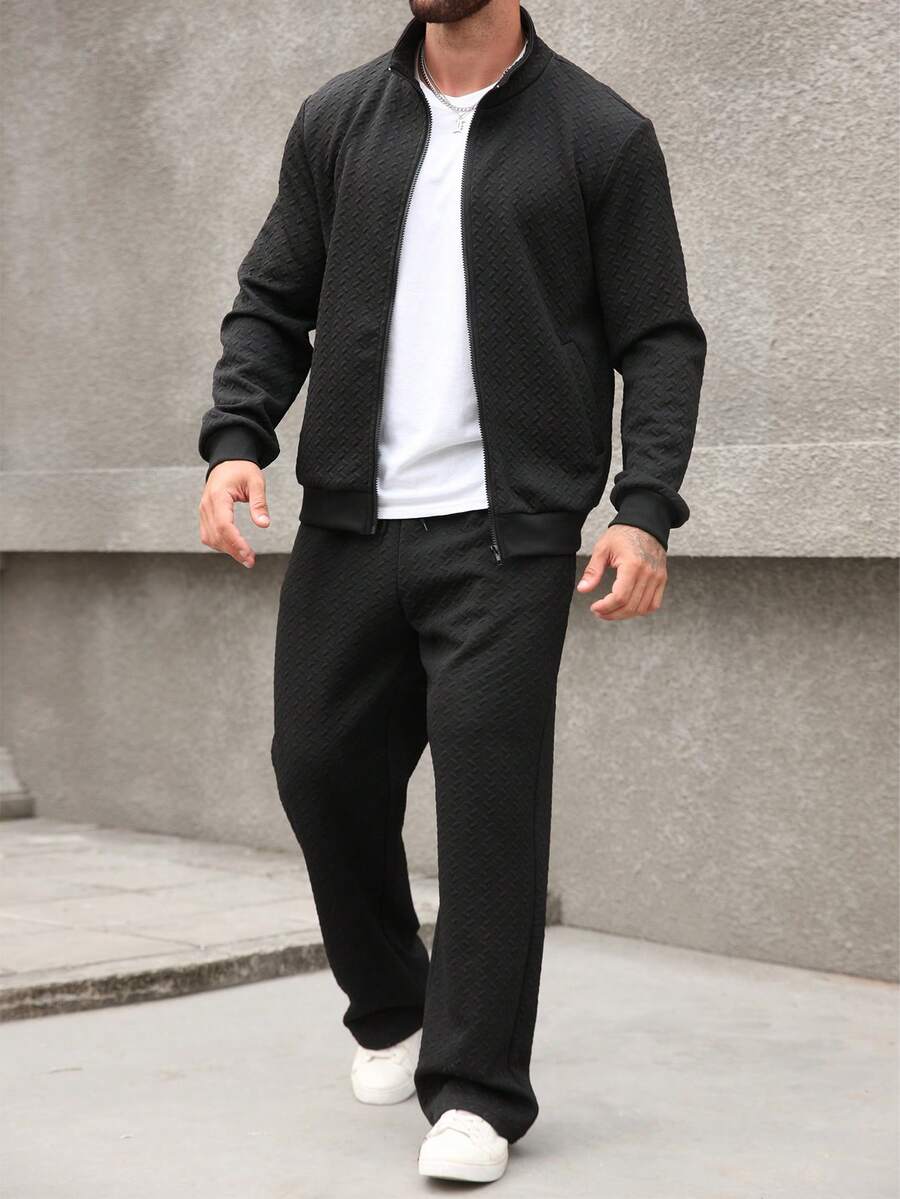 Manfinity Homme 男士黑色几何纹理拉链开衫外套，冬季款 - 黑色 - 查看 1