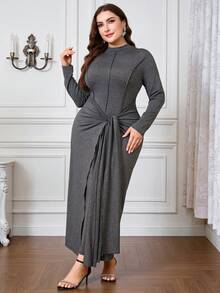 Modelyn Plus Size Women Elegant Fitted Knit Textured Tie Front Crew Neck Long Sleeve Dress, Autumn/Winter