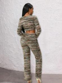 Lureya Autumn/Winter Sexy, Gentle, Night Out Style 2-Piece Set: Long Sleeve Open Front Cropped Cardigan With Fitted Silhouette, High Waist Skinny Pants; Fuzzy Knit Fabric, Colorblock Striped Knit Material, Fuzzy Yarn, Front Button Closure, Waist Cutout Design; Suitable For Party, Night Out, Clubbing, Birthday, Holiday, Streetwear, Christmas,Thermal,Warm,Cold Weather Clothes - Multicolor - View 2