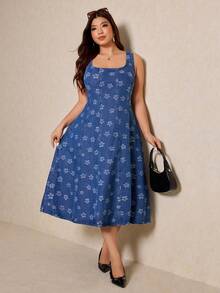 Elaquor Đầm denim cạp chun eo họa tiết hoa không tay cổ vuông thời trang cỡ lớn - Màu xanh lam - Xem 4