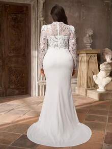 Aureia 大码优雅奢华白色串珠刺绣拼接立领长袖修身鱼尾拖尾婚纱，适合新娘活动 - 白色 - 查看 5