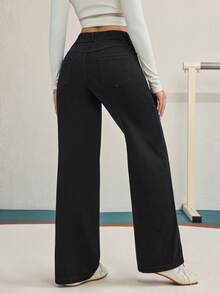 Pantalones vaqueros de pierna ancha, estilo casual deportivo, con elástico para mujer - Negro - Ver 4