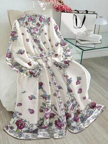 Modelyn 大码女式印花灯笼袖纽扣设计优雅连衣裙 - 彩色 - 查看 4