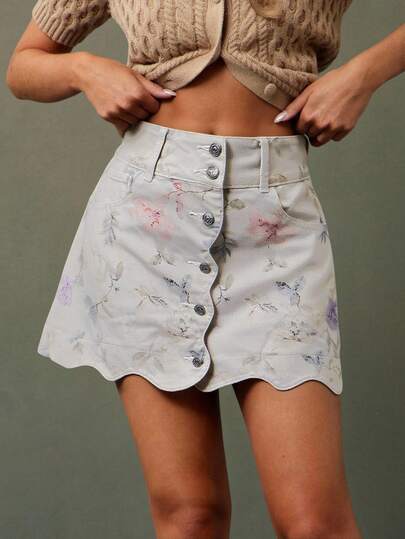 WESTFADE High Waist Scalloped Button Front 100% Cotton Denim Flower Print A Line Mini Jean Skirt Casual, Cute, Autumn, Winter, Boho, Western Wear For Women, Country Concert