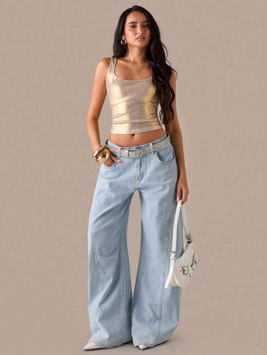 SHEIN BAE 女士秋冬金色Y2K金属质感修身露脐上衣，适合夜店、夜间派对、圣诞节、新年等场合穿着，金色闪亮上衣 - 金色 - 查看 1