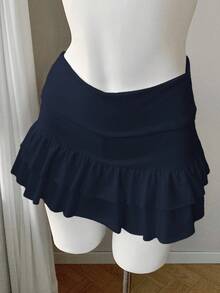SHEIN EZwear Navy Blue Solid Color Knit Fabric Mini Skirt, With Ruffled Layered Design, Women Navy Blue Skirt, Ruffle Hem Skirt Navy Skirt Dark Blue Skirt - Navy Blue - View 4