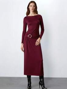 Maija Women's Solid Color Boat Neck Long Sleeve Ruched Metal Decor Fashionable Dress Christmas Outfit For Women New Year Clothes  Elegant Party Dresses  Elegant Dresses For Women   Red Dress Holiday Outfits  Red Dress For Women - Burgundy - View 1