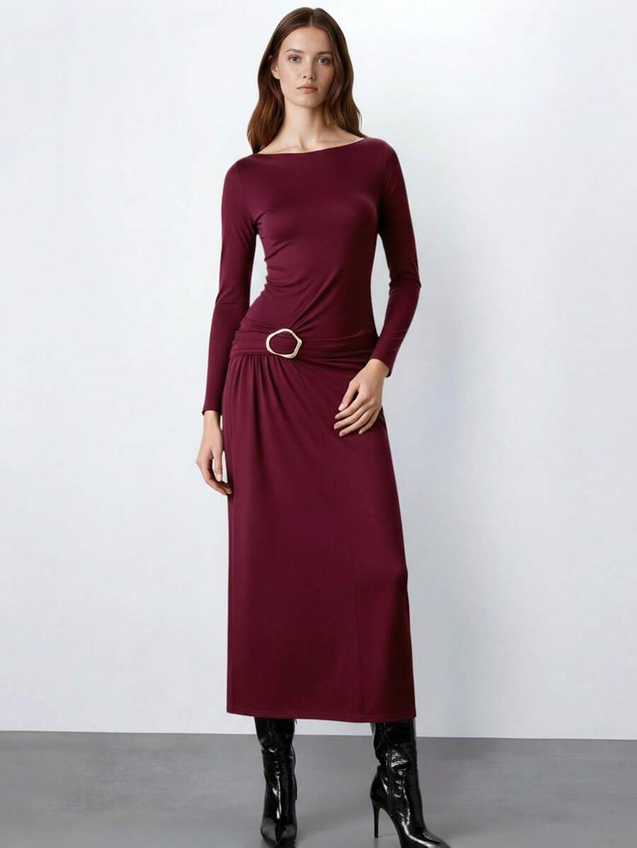 Maija Women's Solid Color Boat Neck Long Sleeve Ruched Metal Decor Fashionable Dress Christmas Outfit For Women New Year Clothes  Elegant Party Dresses  Elegant Dresses For Women   Red Dress Holiday Outfits  Red Dress For Women - Burgundy - View 1
