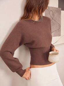 Hanevo Áo len dệt kim cổ tròn, eo rút dây, dáng ôm, màu trơn, đa năng cho mùa thu/đông - Màu nâu  Mocha - Xem 8