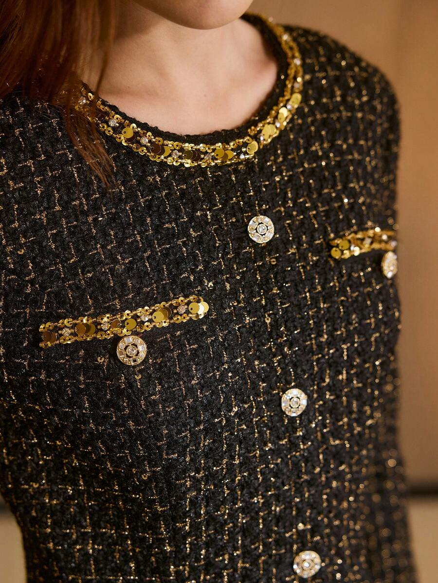 MOTF PREMIUM Váy midi thanh lịch trang trí sequin vàng vải tweed dành cho nữ, phù hợp mặc hàng ngày - màu đen - Xem 2