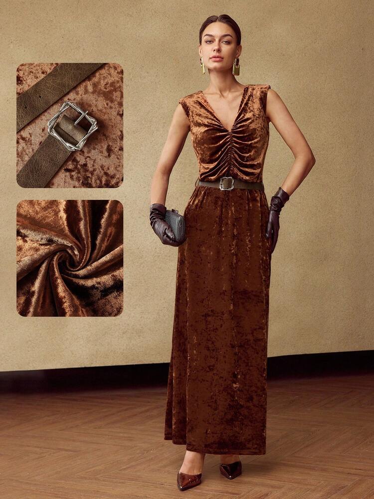 WOMEN'S VELVET V-NECK RUCHED ELEGANT LONG DRESS