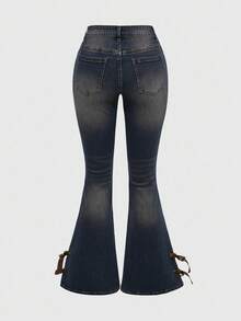 ROMWE Quần jeans ống loe cổ điển dành cho nữ phong cách Hippie Western Cowgirl Suede Patchwork Distressed - Nhiều màu - Xem 2
