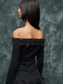 Nöista Off-Shoulder Top With Metal Hardware Detailing, Offering A Bold Alternative-Inspired Design Suitable For Women's Spring Break - Black - View 7