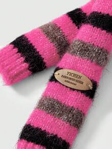 ROMWE Anime 1条黑色和粉色Y2K朋克可爱甜美复古条纹拼接撞色时尚简约女式围巾，适合街头、校园、通勤等场合。 - 黑粉色 - 查看 3