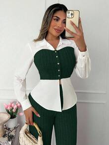 Xyvia 杏色和白色奢华通勤高端成熟智慧女士长袖上衣和阔腿裤两件套，AB面料拼接衬衫领翻领修身腰部上衣，罗纹阔腿裤，适合办公室、校园、商务、旅行、秋冬春季休闲穿着。 - 墨綠色 - 查看 6