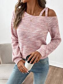 SHEIN Clasi Women Brushed Thickened Ribbed Asymmetric Collar T-Shirt - Dusty Pink - View 4