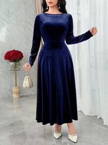 Modelyn Elegant Navy Blue Velvet Dress For Women,Autumn Long Sleeve Backless Waist Cinched New Year's Outfit,Royal Blue Dining Dress - Navy Blue - View 2