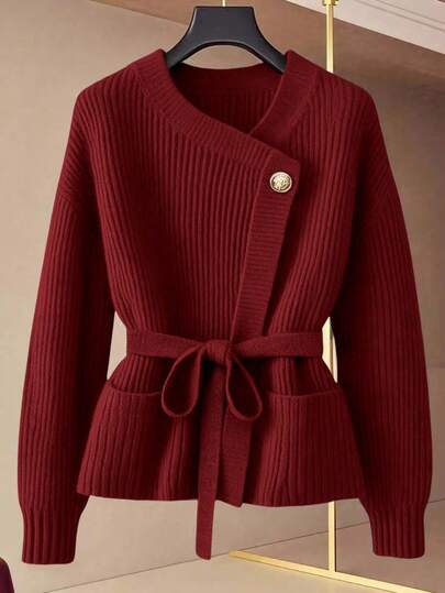 GlowEve 新款女士V领开衫，欧美风撞色优雅简约时尚针织上衣