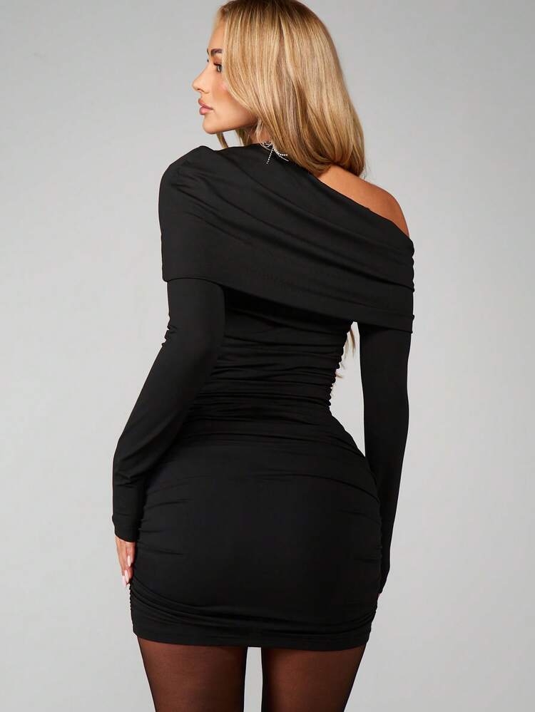 MISSGUIDED Ruched One Shoulder Long Sleeve Bodycon Mini Dress Party Clubwear Evening Night Out