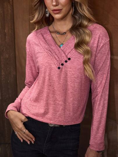 LanaWest Women's Solid Color Button Design V-Neck Drop Shoulder Long Sleeve Casual T-Shirt