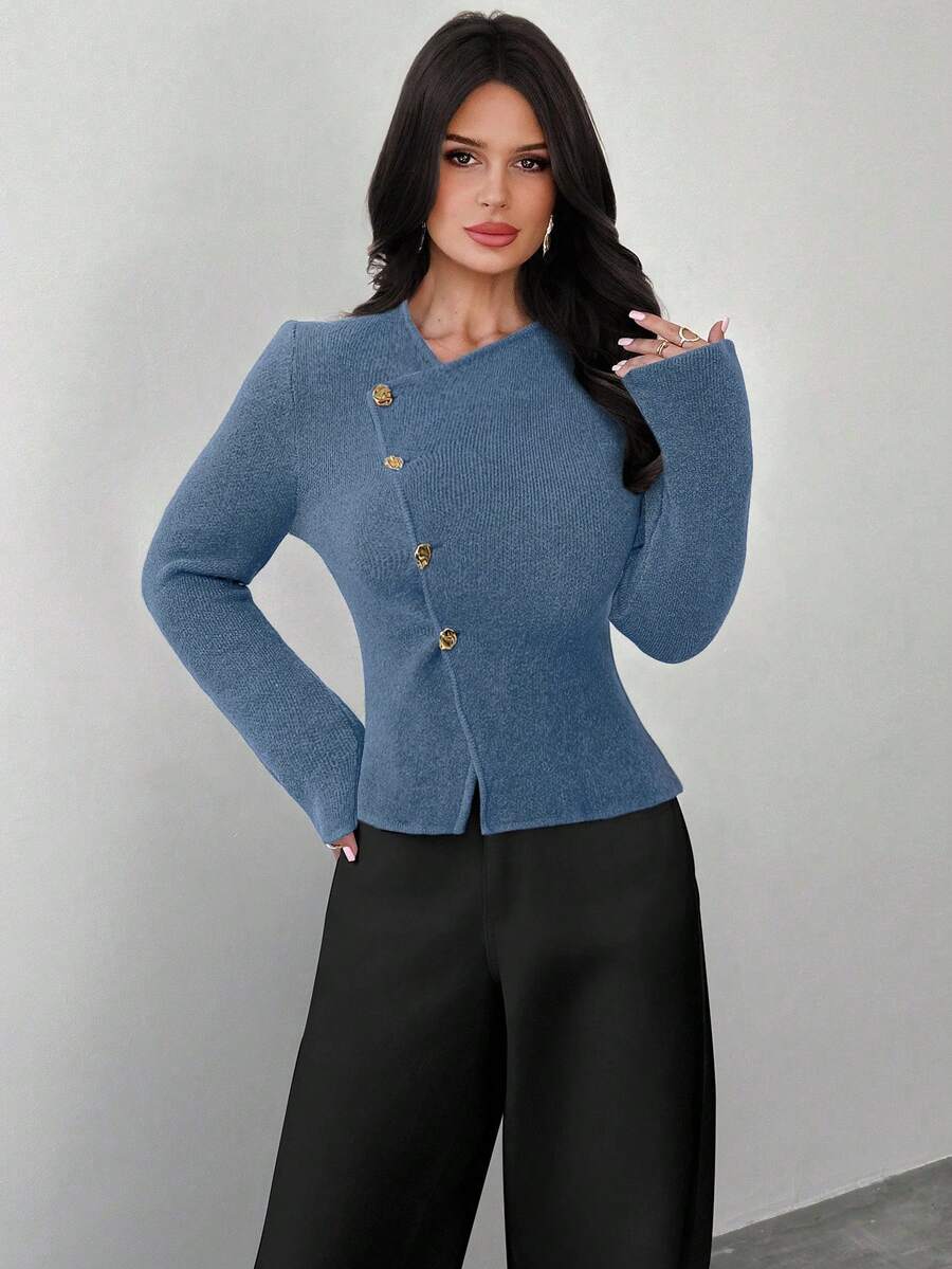 Firerie 女士深V领碎花金属纽扣长袖毛衣上衣，日常通勤针织衫，春、秋、冬新款 - 霧霾藍 - 查看 1