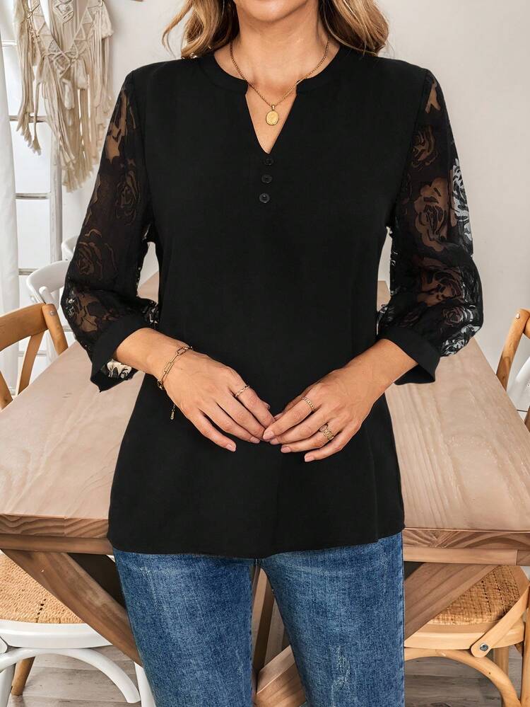 Women Floral Patchwork Lace Cuff V-Neck 3/4 Sleeve Blouse