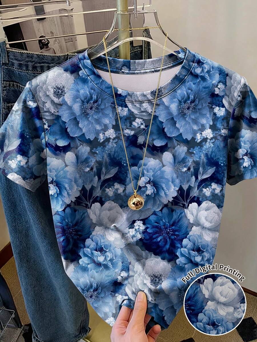 SHEIN 女士全印花T恤，3D立体花卉图案，街头风，通勤装，2026春夏时尚单品 - 彩色 - 查看 1