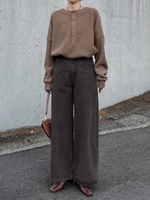 FRIFUL Women's High Waist Lace-Up Retro Casual Loose Straight Leg Jeans - Black - View 3