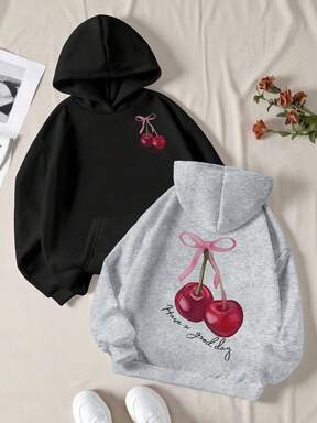 2pcs/Set Teen GirlBlack & Gray Pocket Japanese Style Cherry Fruit English Print Sweatshirt, Suitable For Outings, Sisters/Best Friends Matching, Versatile All-Match Comfortable Streetwear, Autumn/Winter/Spring