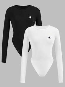 Girlism Tween Girl Knit Black & White Printed Pattern Crew Neck Long Sleeve Bodysuit - Black and White - View 3