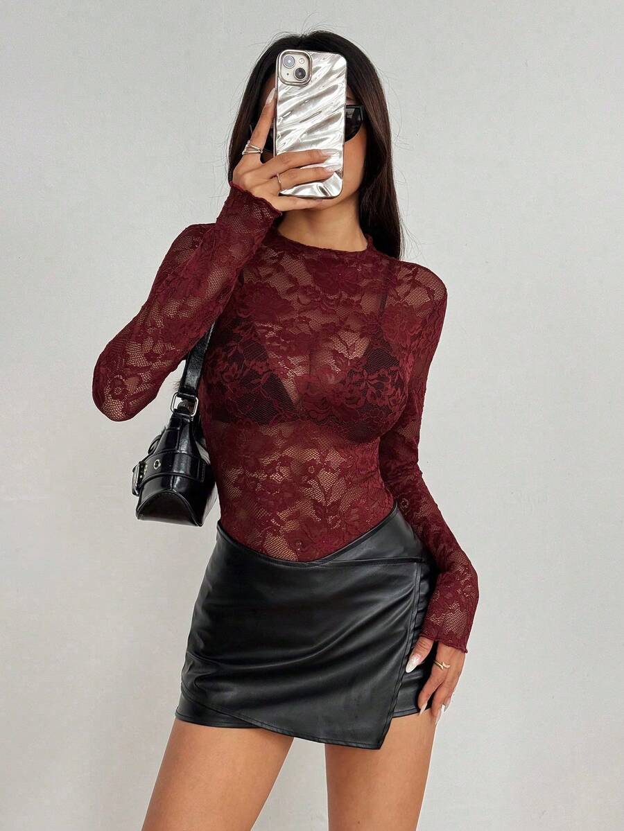 EgrlEra 女士蕾丝花朵透视性感衬衫（随机剪裁）