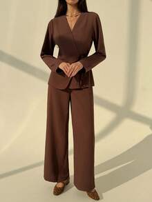 Aloruh Completo da donna composto da blazer aderente minimalista da ufficio/pendolarismo di colore marrone + pantaloni a gamba ampia, set casual per donne - Cachi - Visualizzare 4