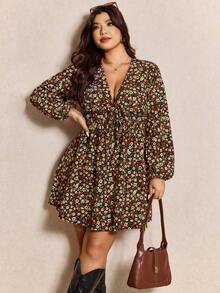 Elaquor Plus Size Women's Ditsy Floral Deep V-Neck Tie Front Lantern Sleeve Dress - Multicolor - View 6