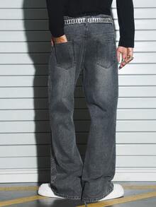 PAVTROS Men's Rhinestone Embellished Straight Leg Flare Jeans Grey Baggy Jeans Men - Light Grey - View 3