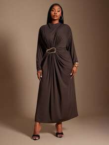 SHEIN SXY Plus Size Women's Sexy And Elegant Brown Side Waist Gathered Metal Opposite Ring Decorated Dress, Vacation, Elegant, Simple - Chocolate Brown - View 3