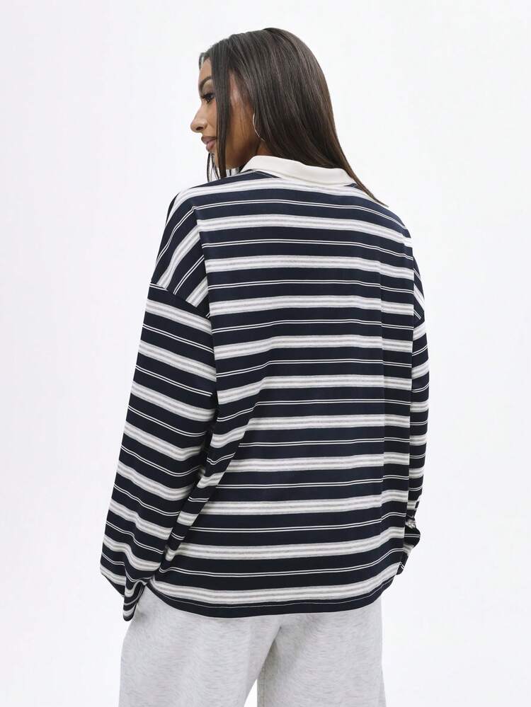 BABYPHAT Striped Rugby Long Sleeve Collared Polo Shirt With Chest Logo And Tie Front Detail For Autumn Spring
