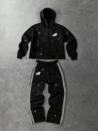 Street Life Herren glänzender Pailletten Hoodie und Jogginghose Set