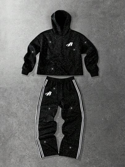 Street Life Herren glänzender Pailletten Hoodie und Jogginghose Set