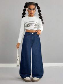 SHEIN Jeans anchos y sueltos de pierna ancha lavados para niñas preadolescentes - Azul lavado oscuro - Ver 6