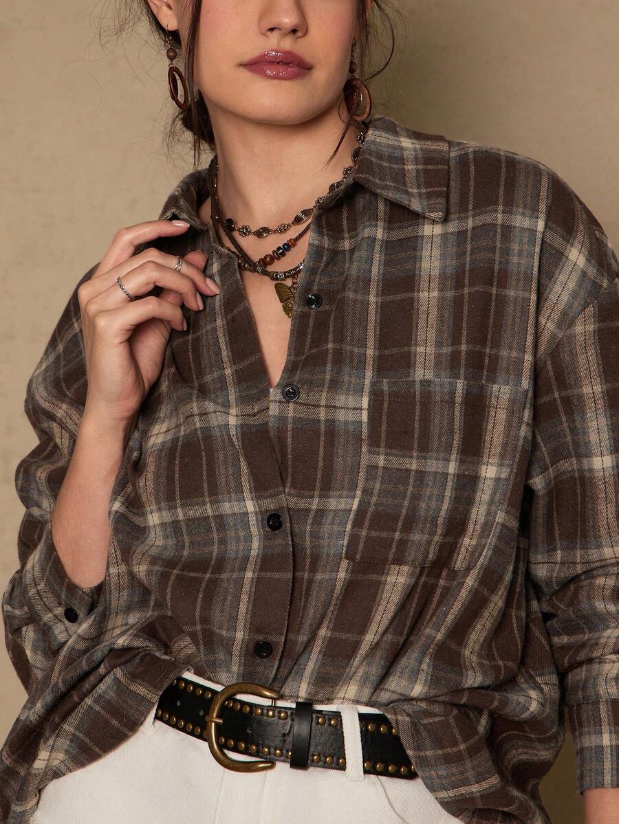 Freevana 大码夏季女装格子印花情人节女装前扣贴袋节日女装休闲长袖衬衫感恩节女装新年女装狂欢派对 - 彩色 - 查看 1