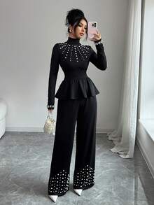 Elenzga Women's Solid Color Faux Pearl Decor Turtleneck Long Sleeve Ruffle Hem T-Shirt And Pants Elegant 2-Piece Set - Black - View 8