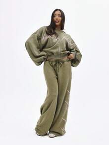 BABYPHAT Áo sweatshirt dáng rộng, lửng, màu kaki bạc màu, có mũ và khóa kéo phía trước, phong cách đường phố thường ngày. - màu xanh lá - Xem 6