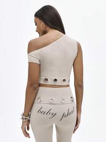 BABYPHAT Off Shoulder Eyelet Top With Logo Script Print Cropped Bardot Style - Brown - View 2