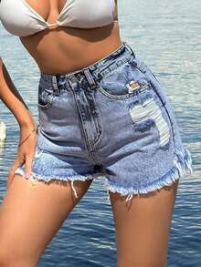 SHEIN 100%Cotton Blue Label Detailed Short With Destroy - Light Wash - View 9