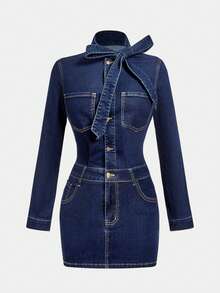 Sweetra Fashionable Casual Commuter Lady Collar Bowknot Open Front Denim Long Sleeve Bodycon Dress - Medium Wash - View 5