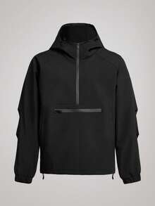 Officeau 男士简约时尚休闲百搭半拉链连帽防水防风夹克，户外轻便黑色长袖连帽衫，适合作为礼物送给朋友、丈夫、男友，适合秋季、春夏穿着。 - 黑色 - 查看 1