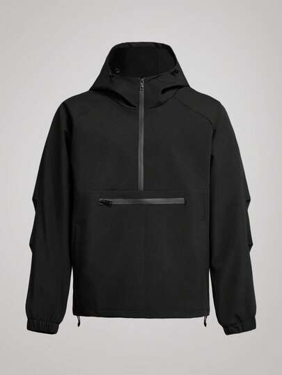 Officeau Men's Minimalist Fashionable Casual Versatile Half-Zip Hooded Waterproof Windbreaker Jacket, Outdoor Lightweight Black Long Sleeve Hooded, Suitable As Gift For Friend, Husband, Boyfriend, For Fall, Old Money Spring To Summer